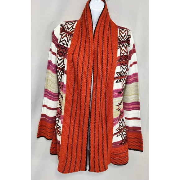 BCBG MAXAZRIA Women's S Open Sweater Cardigan Red-Orange White Southwest Western - Picture 2 of 11